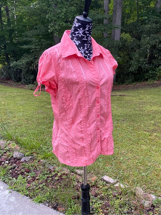 Studio 1940 Tops - Studio 1940 Coral Pink Ribbon Trim Short-Sleeve Button Up Shirt Size Large